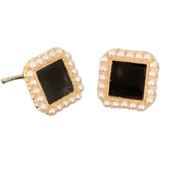 Black & Gold Square Studs with Faux Pearl Border, French Vintage Style Earrings - Picture 1 of 10